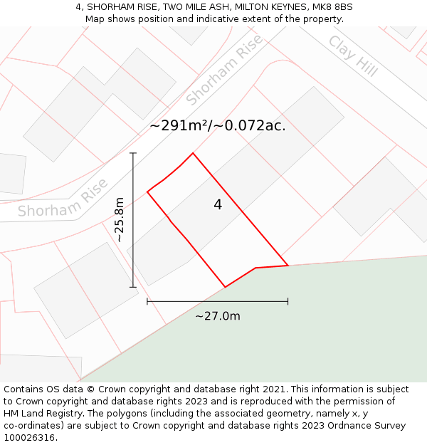 4, SHORHAM RISE, TWO MILE ASH, MILTON KEYNES, MK8 8BS: Plot and title map