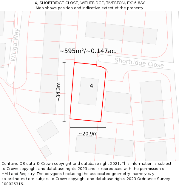 4, SHORTRIDGE CLOSE, WITHERIDGE, TIVERTON, EX16 8AY: Plot and title map