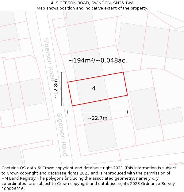 4, SIGERSON ROAD, SWINDON, SN25 1WA: Plot and title map