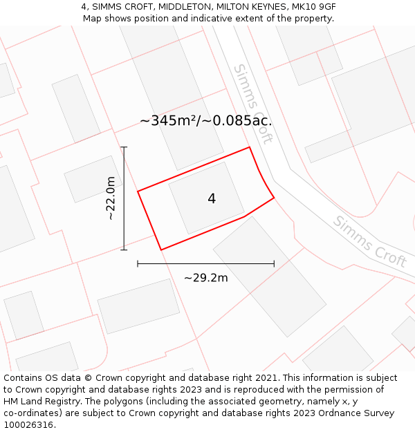 4, SIMMS CROFT, MIDDLETON, MILTON KEYNES, MK10 9GF: Plot and title map