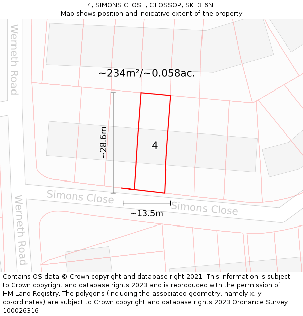 4, SIMONS CLOSE, GLOSSOP, SK13 6NE: Plot and title map