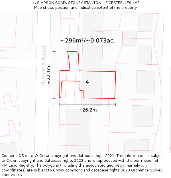 4, SIMPSON ROAD, STONEY STANTON, LEICESTER, LE9 4AF: Plot and title map