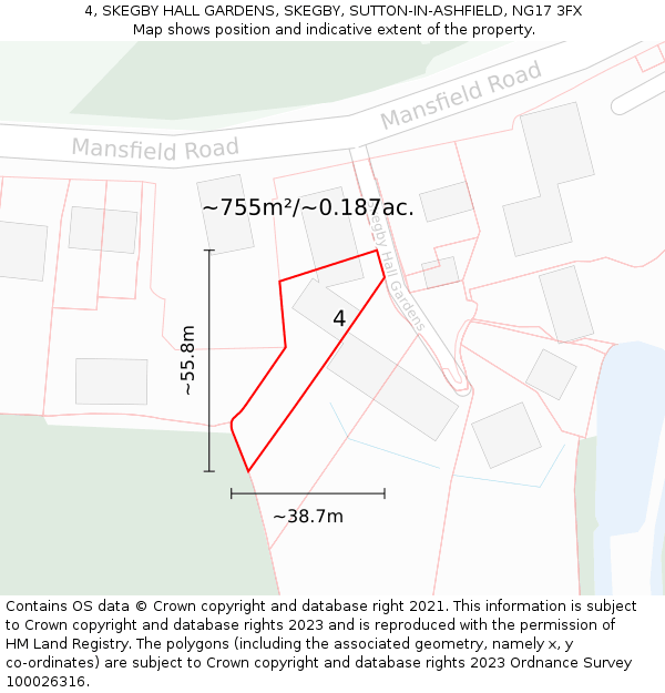 4, SKEGBY HALL GARDENS, SKEGBY, SUTTON-IN-ASHFIELD, NG17 3FX: Plot and title map