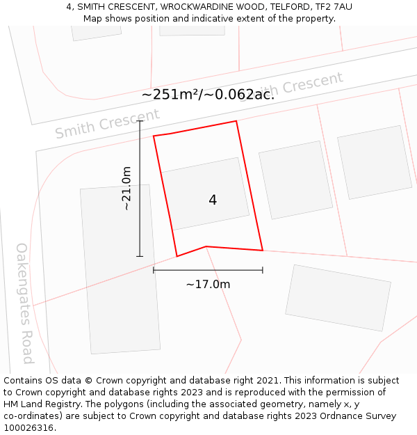 4, SMITH CRESCENT, WROCKWARDINE WOOD, TELFORD, TF2 7AU: Plot and title map