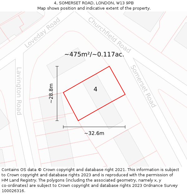 4, SOMERSET ROAD, LONDON, W13 9PB: Plot and title map