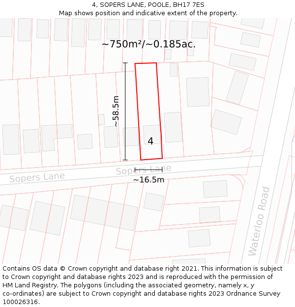 4, SOPERS LANE, POOLE, BH17 7ES: Plot and title map