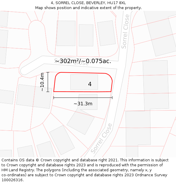 4, SORREL CLOSE, BEVERLEY, HU17 8XL: Plot and title map