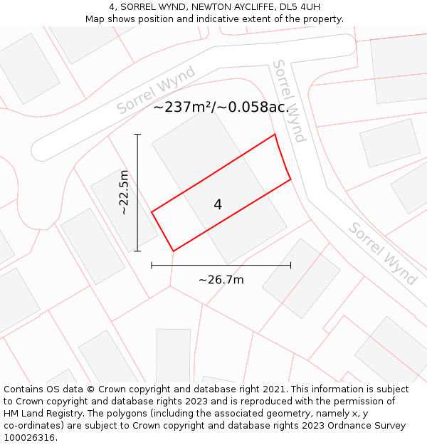 4, SORREL WYND, NEWTON AYCLIFFE, DL5 4UH: Plot and title map