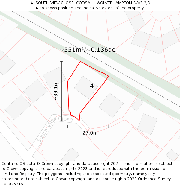 4, SOUTH VIEW CLOSE, CODSALL, WOLVERHAMPTON, WV8 2JD: Plot and title map