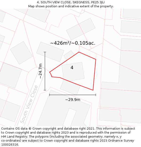 4, SOUTH VIEW CLOSE, SKEGNESS, PE25 3JU: Plot and title map