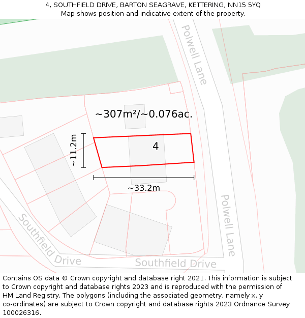 4, SOUTHFIELD DRIVE, BARTON SEAGRAVE, KETTERING, NN15 5YQ: Plot and title map