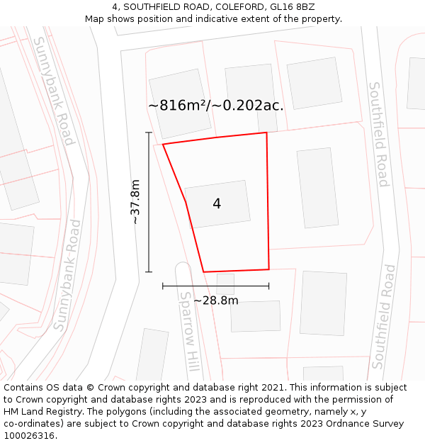 4, SOUTHFIELD ROAD, COLEFORD, GL16 8BZ: Plot and title map