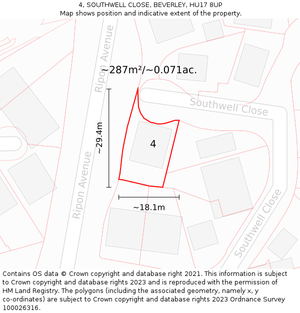 4, SOUTHWELL CLOSE, BEVERLEY, HU17 8UP: Plot and title map