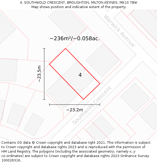 4, SOUTHWOLD CRESCENT, BROUGHTON, MILTON KEYNES, MK10 7BW: Plot and title map