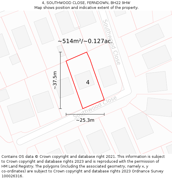 4, SOUTHWOOD CLOSE, FERNDOWN, BH22 9HW: Plot and title map