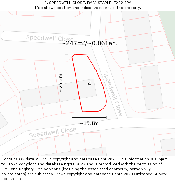 4, SPEEDWELL CLOSE, BARNSTAPLE, EX32 8PY: Plot and title map