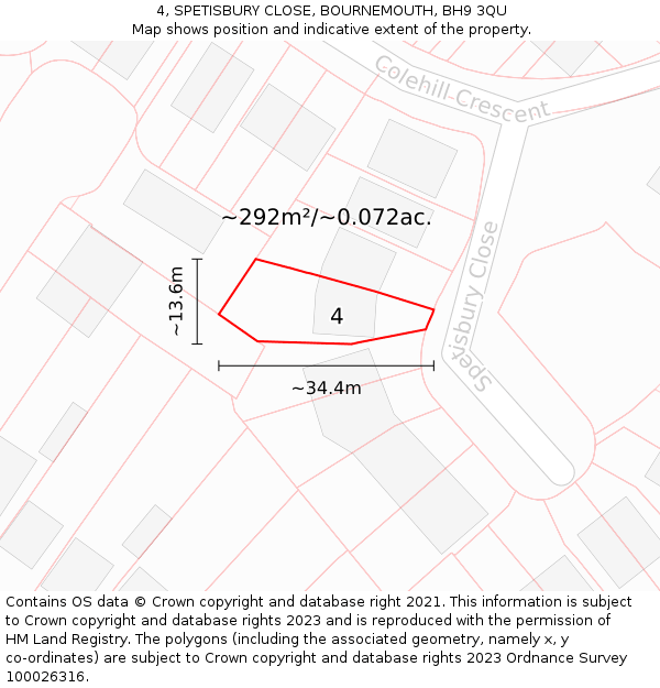 4, SPETISBURY CLOSE, BOURNEMOUTH, BH9 3QU: Plot and title map