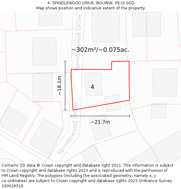 4, SPINDLEWOOD DRIVE, BOURNE, PE10 0GD: Plot and title map