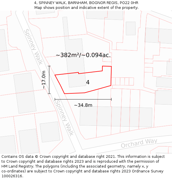 4, SPINNEY WALK, BARNHAM, BOGNOR REGIS, PO22 0HR: Plot and title map