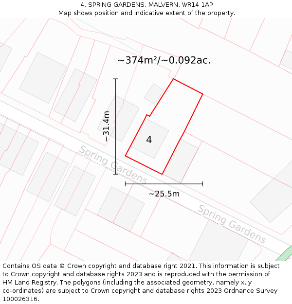 4, SPRING GARDENS, MALVERN, WR14 1AP: Plot and title map