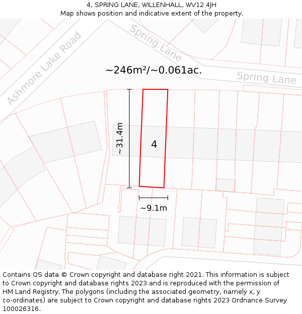 4, SPRING LANE, WILLENHALL, WV12 4JH: Plot and title map