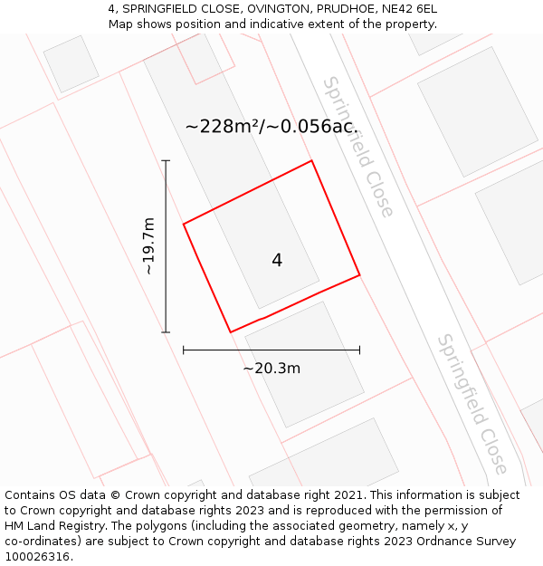 4, SPRINGFIELD CLOSE, OVINGTON, PRUDHOE, NE42 6EL: Plot and title map