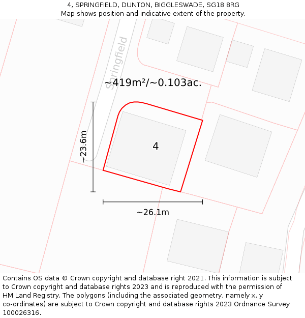 4, SPRINGFIELD, DUNTON, BIGGLESWADE, SG18 8RG: Plot and title map