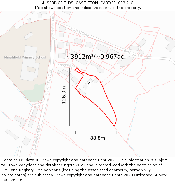 4, SPRINGFIELDS, CASTLETON, CARDIFF, CF3 2LG: Plot and title map