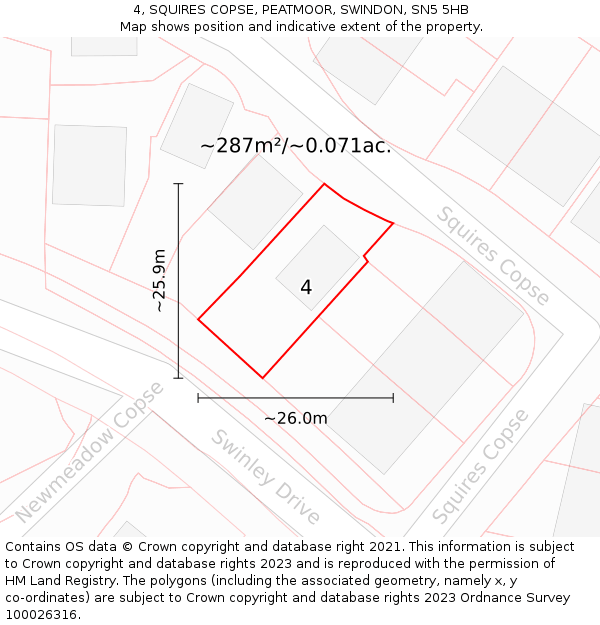 4, SQUIRES COPSE, PEATMOOR, SWINDON, SN5 5HB: Plot and title map