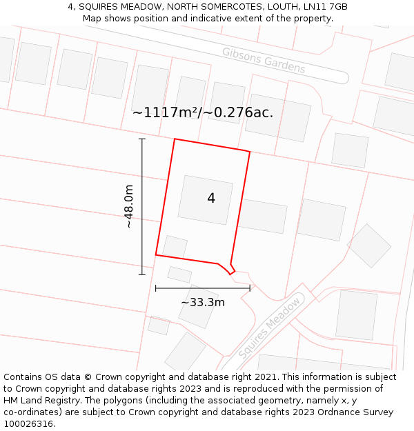 4, SQUIRES MEADOW, NORTH SOMERCOTES, LOUTH, LN11 7GB: Plot and title map