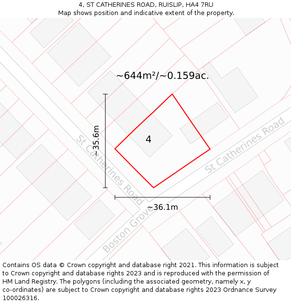 4, ST CATHERINES ROAD, RUISLIP, HA4 7RU: Plot and title map