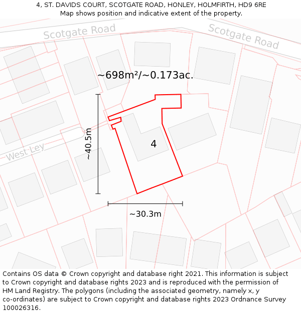 4, ST. DAVIDS COURT, SCOTGATE ROAD, HONLEY, HOLMFIRTH, HD9 6RE: Plot and title map