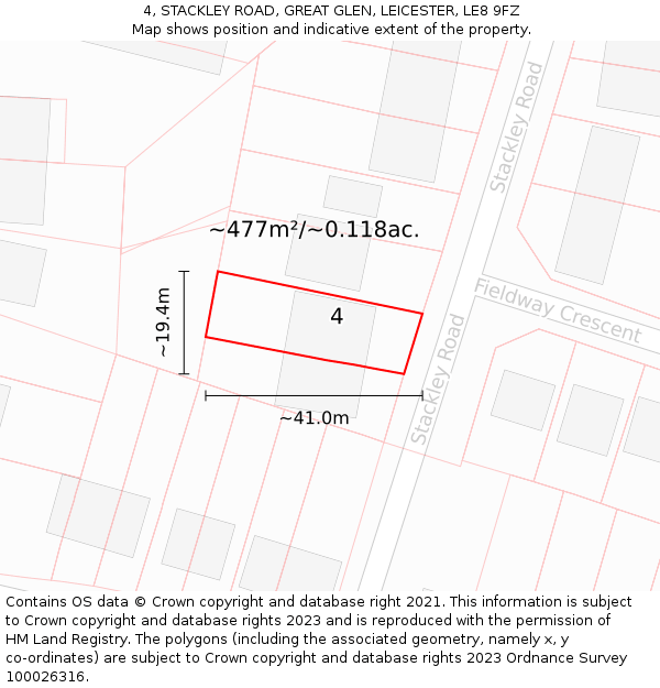 4, STACKLEY ROAD, GREAT GLEN, LEICESTER, LE8 9FZ: Plot and title map