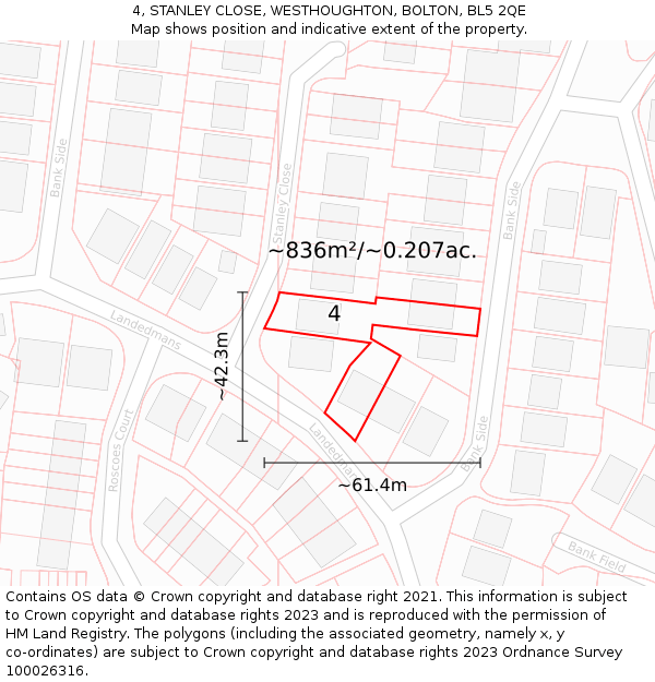 4, STANLEY CLOSE, WESTHOUGHTON, BOLTON, BL5 2QE: Plot and title map