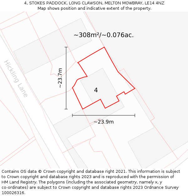 4, STOKES PADDOCK, LONG CLAWSON, MELTON MOWBRAY, LE14 4NZ: Plot and title map