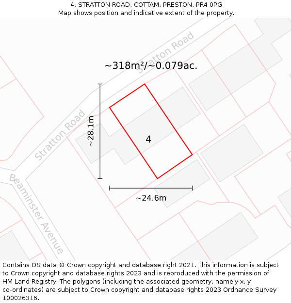 4, STRATTON ROAD, COTTAM, PRESTON, PR4 0PG: Plot and title map