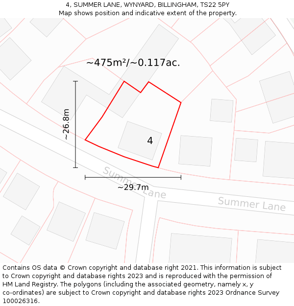 4, SUMMER LANE, WYNYARD, BILLINGHAM, TS22 5PY: Plot and title map