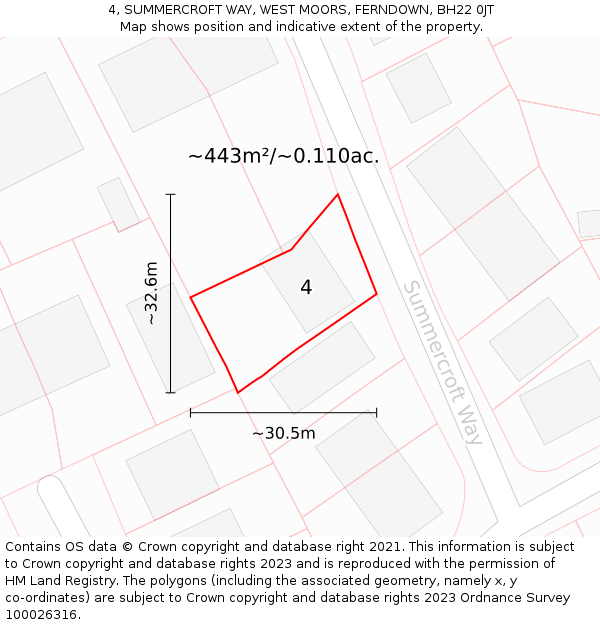4, SUMMERCROFT WAY, WEST MOORS, FERNDOWN, BH22 0JT: Plot and title map