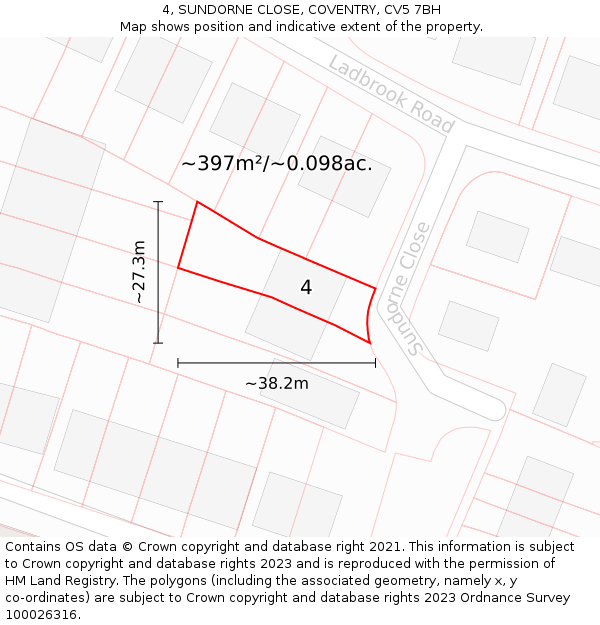 4, SUNDORNE CLOSE, COVENTRY, CV5 7BH: Plot and title map