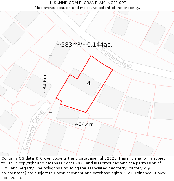 4, SUNNINGDALE, GRANTHAM, NG31 9PF: Plot and title map