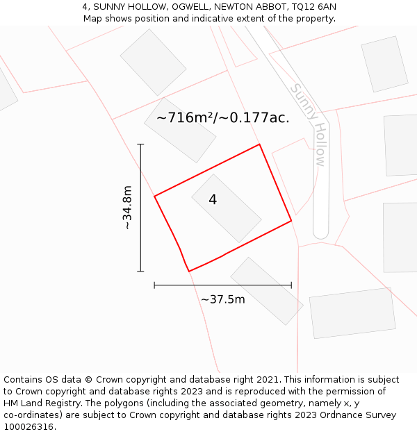 4, SUNNY HOLLOW, OGWELL, NEWTON ABBOT, TQ12 6AN: Plot and title map