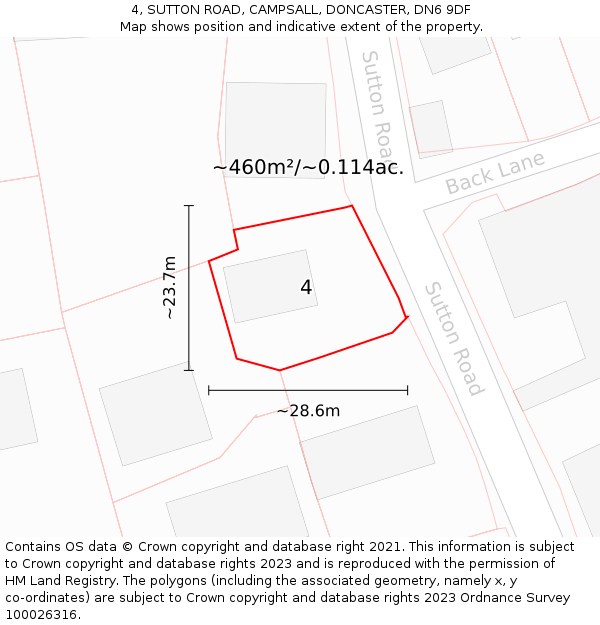 4, SUTTON ROAD, CAMPSALL, DONCASTER, DN6 9DF: Plot and title map