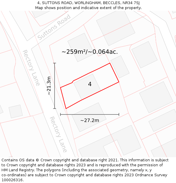 4, SUTTONS ROAD, WORLINGHAM, BECCLES, NR34 7SJ: Plot and title map