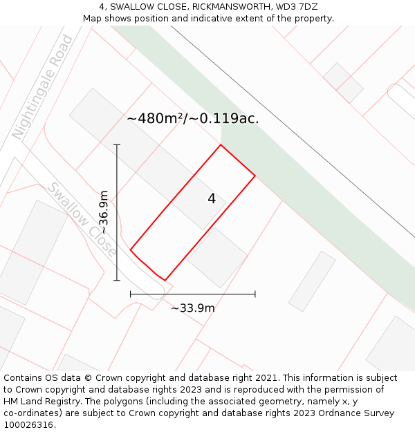 4, SWALLOW CLOSE, RICKMANSWORTH, WD3 7DZ: Plot and title map