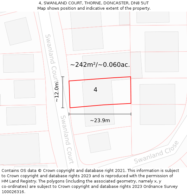 4, SWANLAND COURT, THORNE, DONCASTER, DN8 5UT: Plot and title map