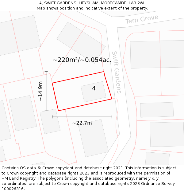 4, SWIFT GARDENS, HEYSHAM, MORECAMBE, LA3 2WL: Plot and title map