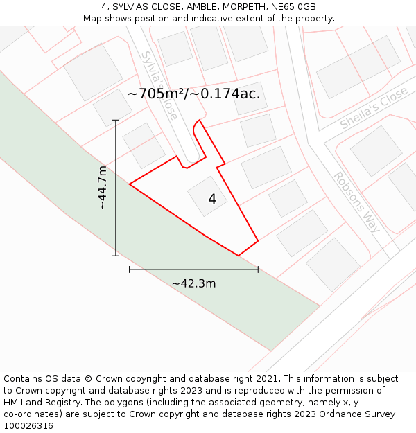 4, SYLVIAS CLOSE, AMBLE, MORPETH, NE65 0GB: Plot and title map