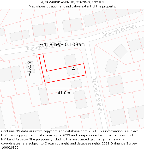 4, TAMARISK AVENUE, READING, RG2 8JB: Plot and title map