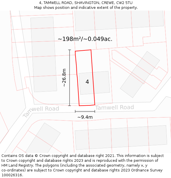 4, TAMWELL ROAD, SHAVINGTON, CREWE, CW2 5TU: Plot and title map