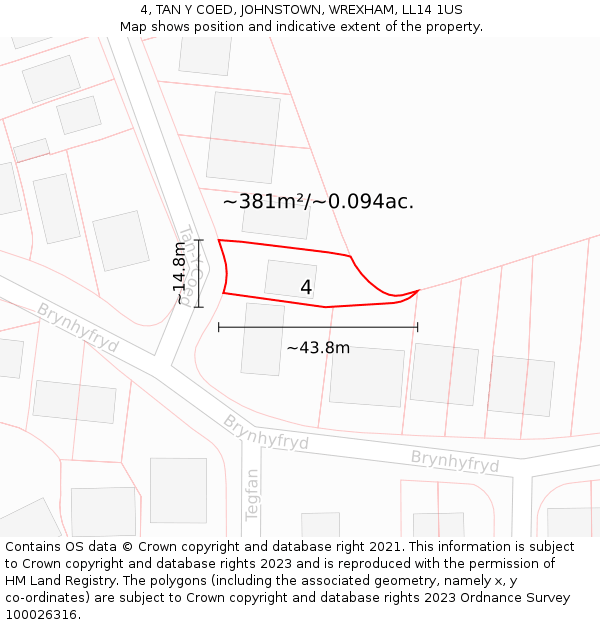 4, TAN Y COED, JOHNSTOWN, WREXHAM, LL14 1US: Plot and title map